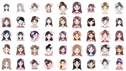 A Set of Cute Young Woman Illustrations with Cherry Blossom in Hair in South Korea Style