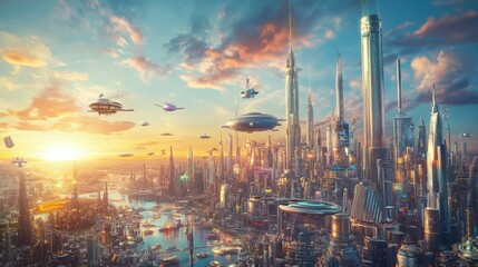 Fototapeta premium Futuristic Cityscape at Sunset: A Vision of Tomorrow's Metropolis