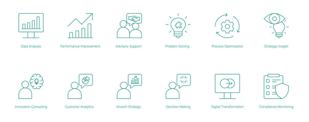 Data Analysis, Performance Improvement, Innovation Consulting, and Digital Transformation Icons