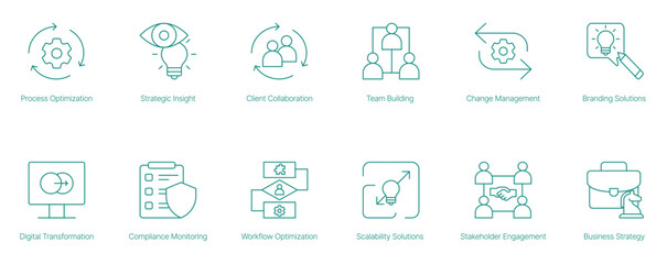 Process Optimization, Strategic Insight, Client Collaboration, and Branding Solutions Icons