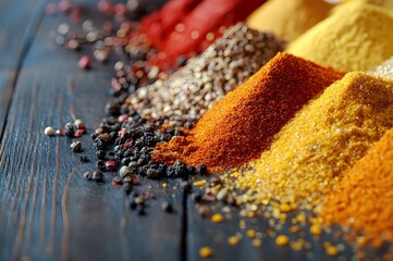 Colorful spices spread across a wooden table, creating a warm and inviting scene