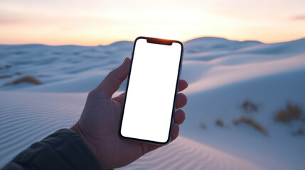 A man holds a phone in his hand with an empty white screen in a sandy desert. Phone mockup. There is a beautiful sunset in the background. Presentation of the mobile application. Travel
