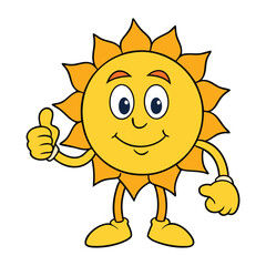 A cheerful cartoon sun character with a big, friendly smile and bright yellow rays. It’s giving a thumbs-up, radiating positivity and warmth, perfect for promoting happiness!