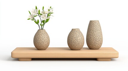Speckled Ceramic Vases and White Lilies on Rustic Wooden Tray: A Minimalist Home Decor Arrangement