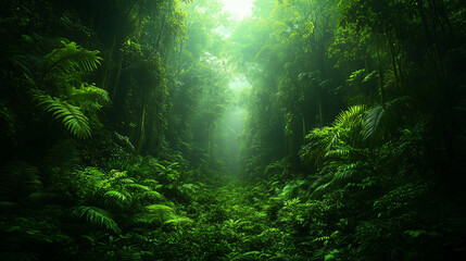 A lush jungle scene featuring vibrant green foliage, sunlight filtering through the canopy, and verdant trees in a dense forest setting.