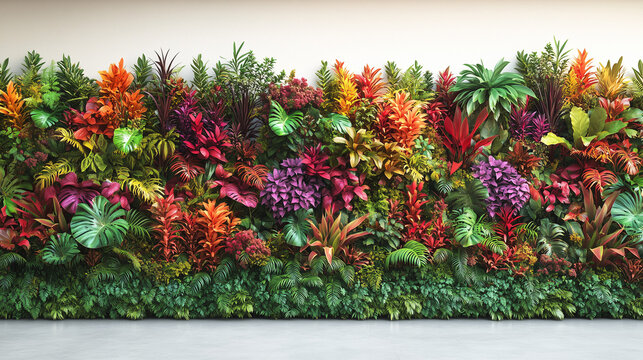 A vibrant vertical garden wall adorned with an array of colorful tropical plants and foliage.