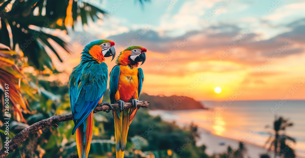 Poster two vibrant macaws perch on a branch as the sun sets over a tranquil tropical beach. the colorful bi