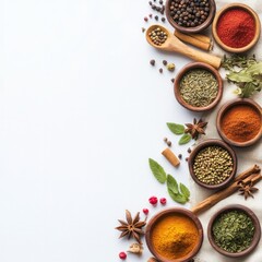Assorted culinary spices and herbs in wooden bowls on white background