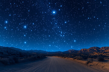 Fototapeta premium An expansive desert landscape, illuminated by a starry night sky filled with countless twinkling lights, underlines a dirt road that stretches into the horizon.