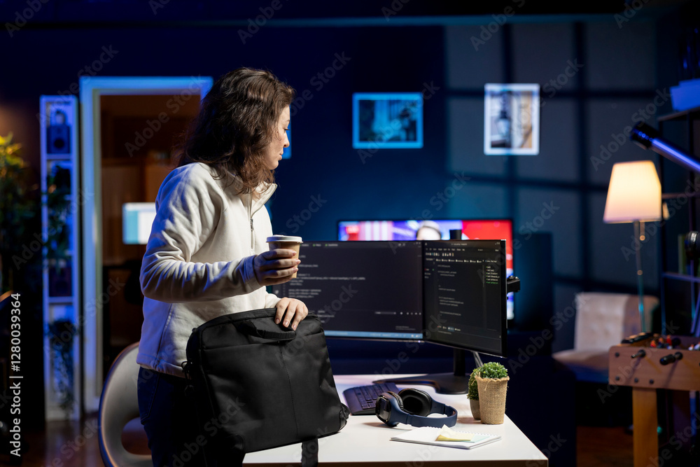 Poster admin with disposable cup of coffee entering office to implement security measures, protecting compa