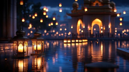 Serene Evening Scene with Lanterns and Reflections in Still Water