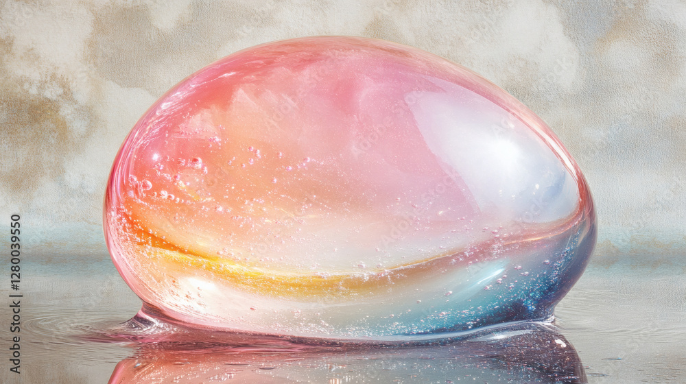 Aufkleber a colorful, iridescent oval object resting on a smooth surface, reflecting light with a dreamy, ethe