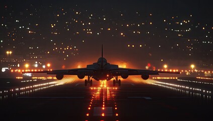 Night landing jetliner cityscape runway