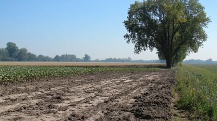 Obraz premium A serene agricultural landscape featuring a field with freshly plowed soil, bordered by healthy crops and a solitary tree under a clear blue sky