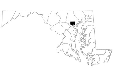 Map of Baltimore County in Maryland state on white background. single County map highlighted by black colour on Maryland map. UNITED STATES, US