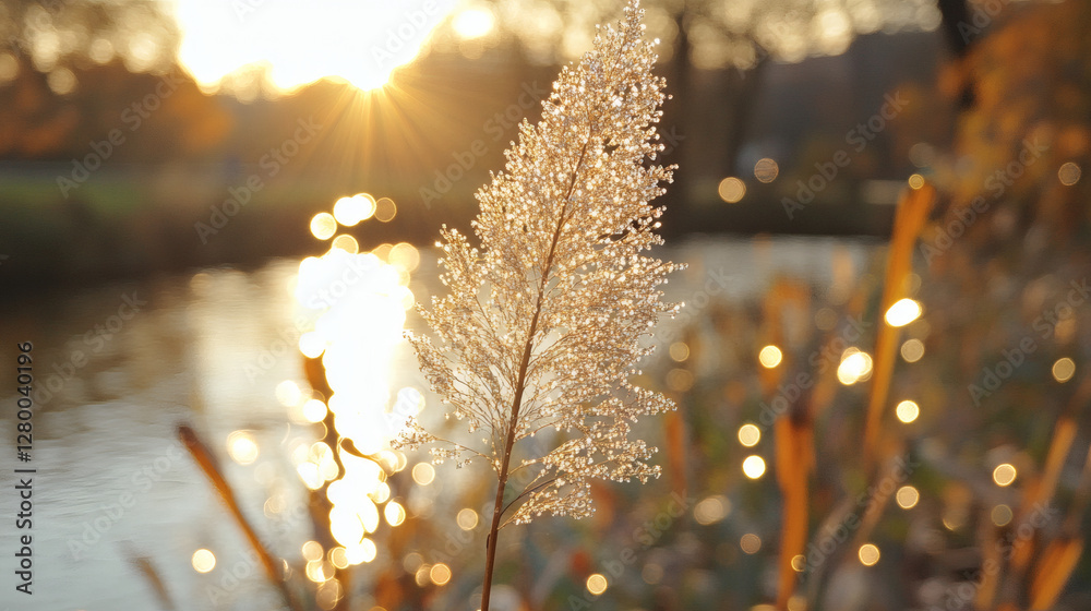 Poster a shimmering plant glows in the sunlight by a peaceful waterway, creating a serene, autumn atmospher