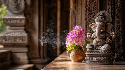 Serene Ganesha Statue with Flowers and Smoke in Temple Setting