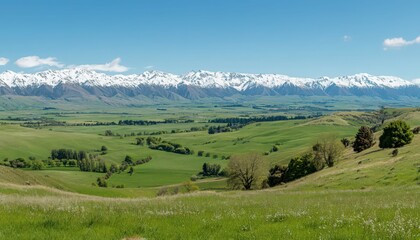 Naklejka premium Expansive Green Valley Leading to Snowy Mountains Under a Clear Blue Sky Panoramic Landscape