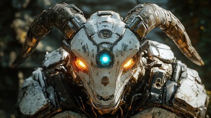 Fototapeta premium Close-up of a robotic ram head with glowing eyes.