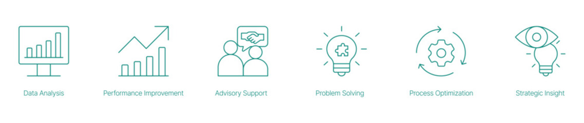 Data Analysis, Performance Improvement, and Strategic Insight Icons
