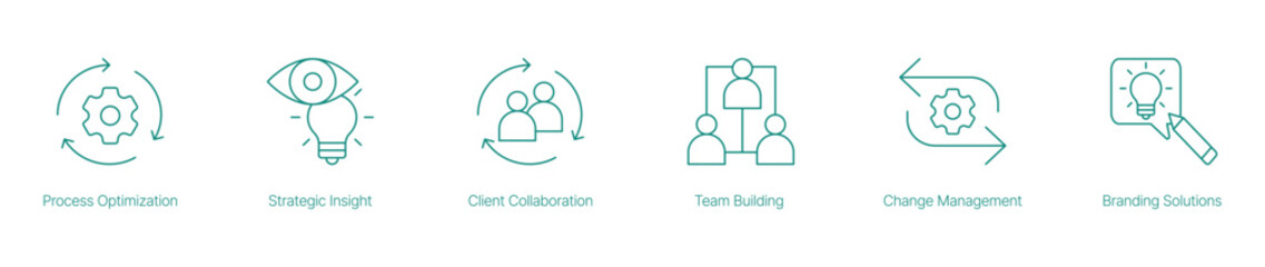 Process Optimization, Client Collaboration, Team Building, and Branding Solutions Icons
