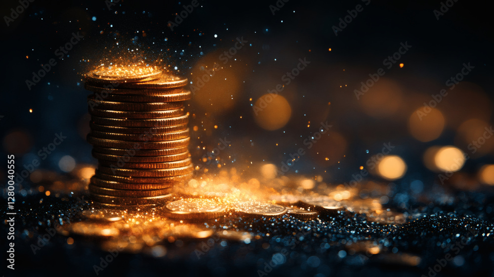 Poster A close-up view of stacked coins glowing with sparkling particles, creating a rich and luxurious atmosphere against a dark background