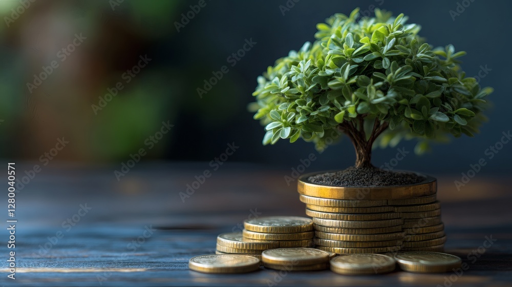 Poster a small tree grows atop a stack of coins, symbolizing growth, wealth, and the relationship between n
