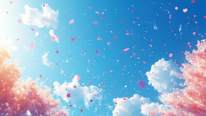 Obraz premium Pink Flower Petals Falling Under Bright Blue Sky with Light Clouds and Vibrant Cherry Blossom Trees in Springtime Atmosphere