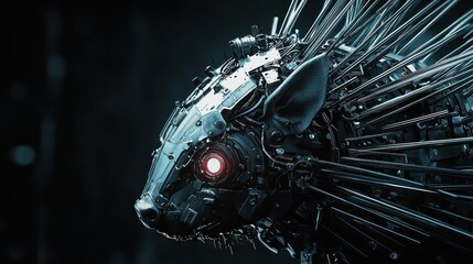 Fototapeta premium Robotic porcupine, metallic, dark background, red eye.