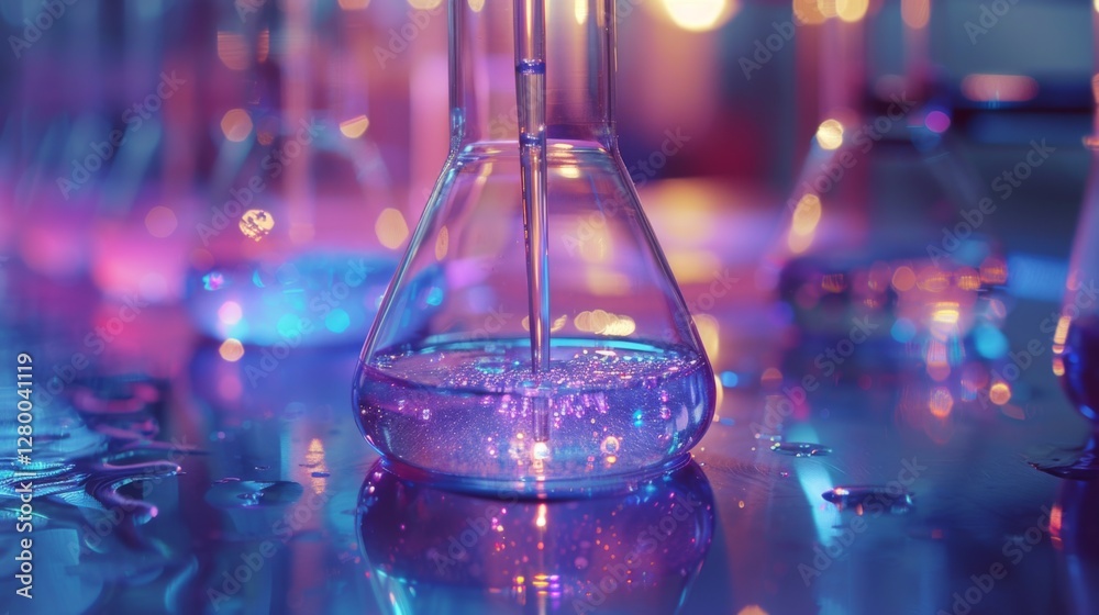 Poster colorful liquids bubble and shimmer in laboratory glassware under vibrant lighting. various sizes of