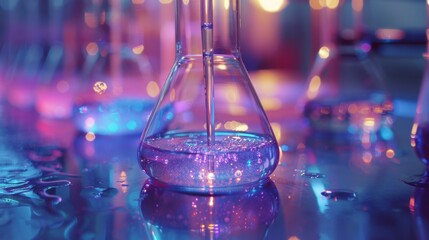 Colorful liquids bubble and shimmer in laboratory glassware under vibrant lighting. Various sizes of flasks and test tubes are arranged on a reflective surface, demonstrating chemical reactions.