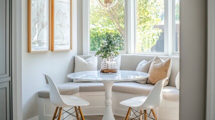 Obraz premium Breakfast Nook with Bench, Table, Chairs, and Wall Art