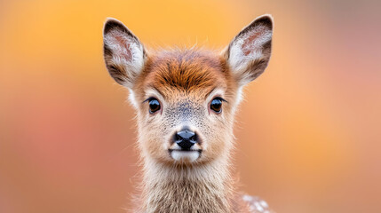 Fototapeta premium Fawn portrait, autumn forest, blurred background, wildlife photography