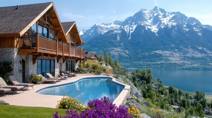 Naklejka premium Luxury chalet pool, mountain lake view, summer vacation