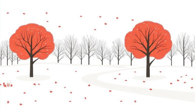 Pixelated Autumn Landscape with Red Trees and Falling Leaves during the first snow in a serene and minimalist vector design
