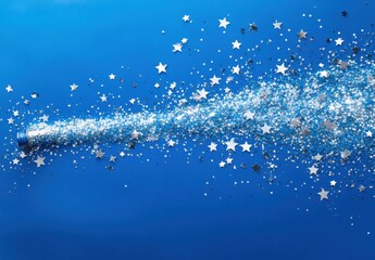 Sparkling Blue Glitter and Stars Effervescing from a Bottle Against a Vibrant Blue Background for a Magical Celebration Theme