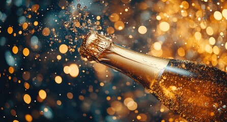 Sparkling Champagne Bottle Erupting with Bubbles Against a Background of Golden Blurred Lights for Celebration and Festive Occasions