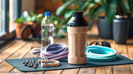 Exercise Equipment and Protein Shaker on Wooden Surface