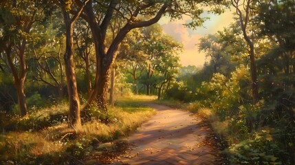 Enchanting forest path illuminated by golden sunlight through lush trees