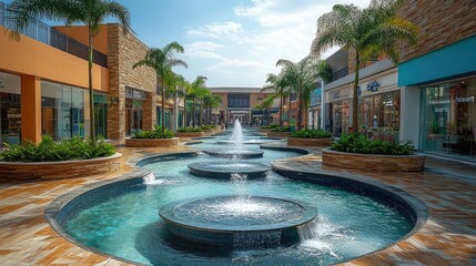 Outdoor mall fountain, shoppers stroll, sunny day, tropical landscaping
