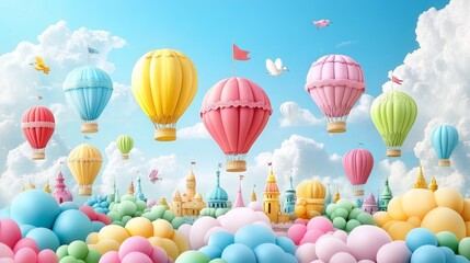 Whimsical Balloon Flight over Candy Cloudscapes, Pastel Hot Air Balloons in Dreamy Skies with Sweet Topography and Cotton Clouds