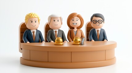 Stylized 3D Cartoon Figures in a Business Meeting, Diverse Group Discussing, Minimalist Design