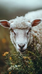Obraz premium Close-up sheep grazing in meadow
