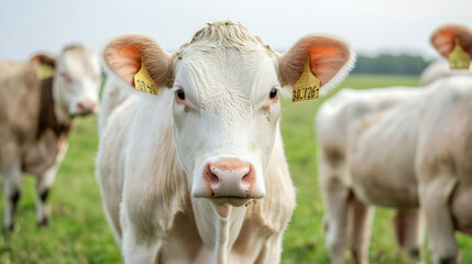 Environmental crisis. White cow with tags in a lush green field, grazing peacefully.