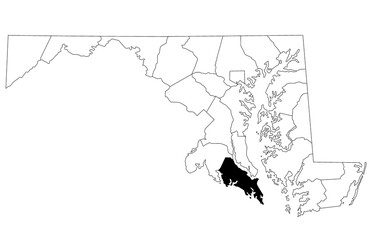 Map of St Mary's County in Maryland state on white background. single County map highlighted by black colour on Maryland map. UNITED STATES, US