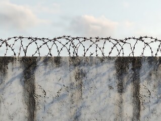 Barbed wire atop wall, cloudy sky. Security concept