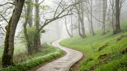 Fototapeta premium Misty Forest Pathway Surrounded by Lush Green Trees and Foggy Atmosphere