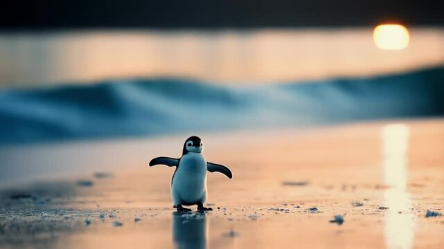 The little penguin waddled across the sandy beach, curiously exploring its new surroundings under the sun.