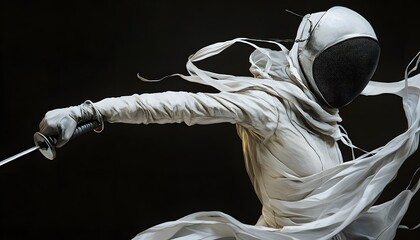 Fototapeta premium A fencer lunges forward in white attire and mask