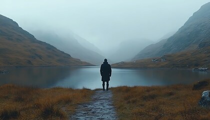 Man Contemplating Misty Mountain Lake